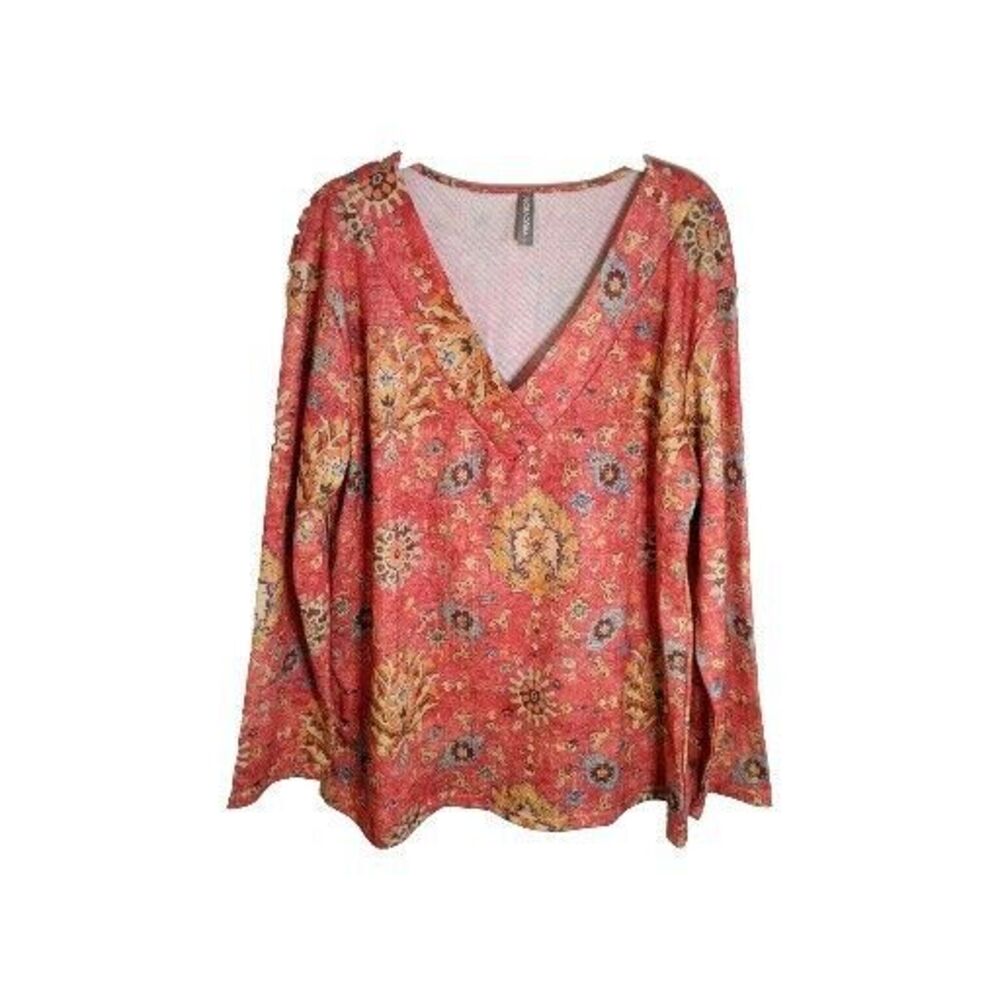 Noracora Women's Coral Orange Floral Tunic Top Long Sleeve XL